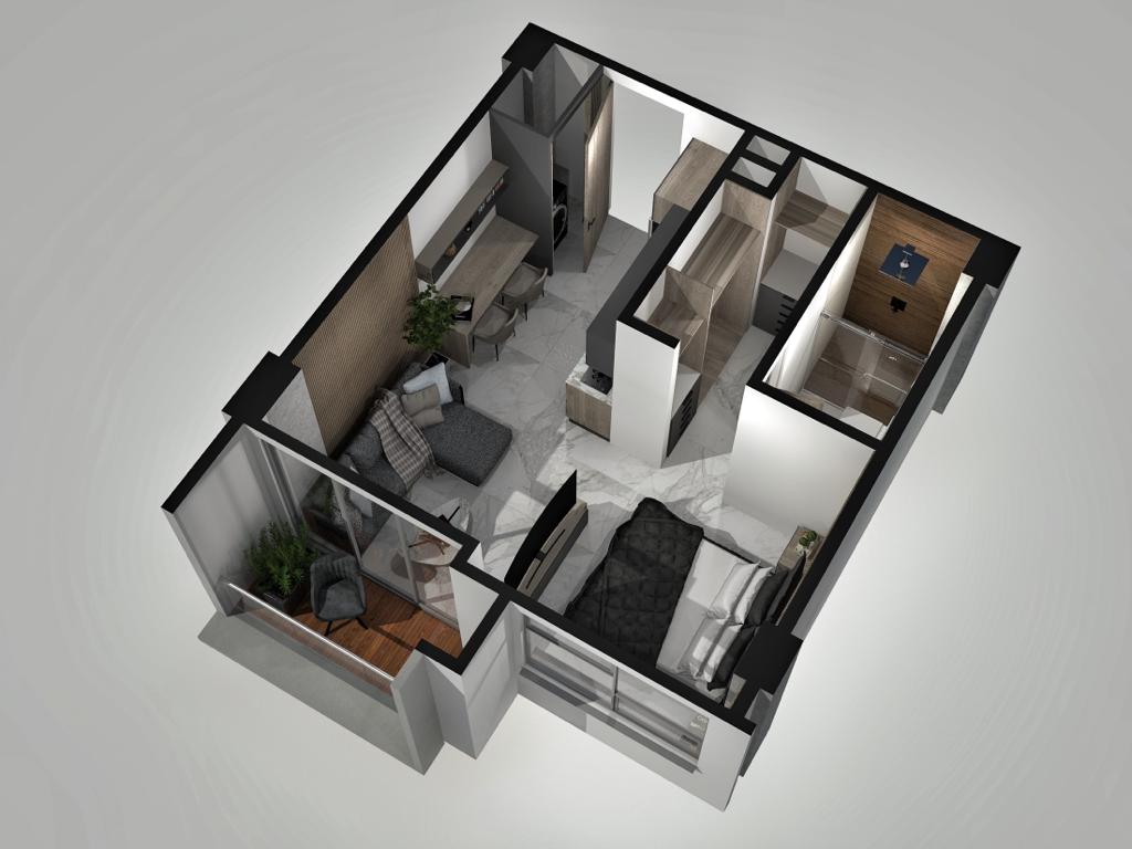 Render interior apartaestudio con balcón — 68 Living El Limonar